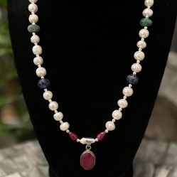 Ruby, Emerald And Sapphire Pearl Necklace And Earrings Set