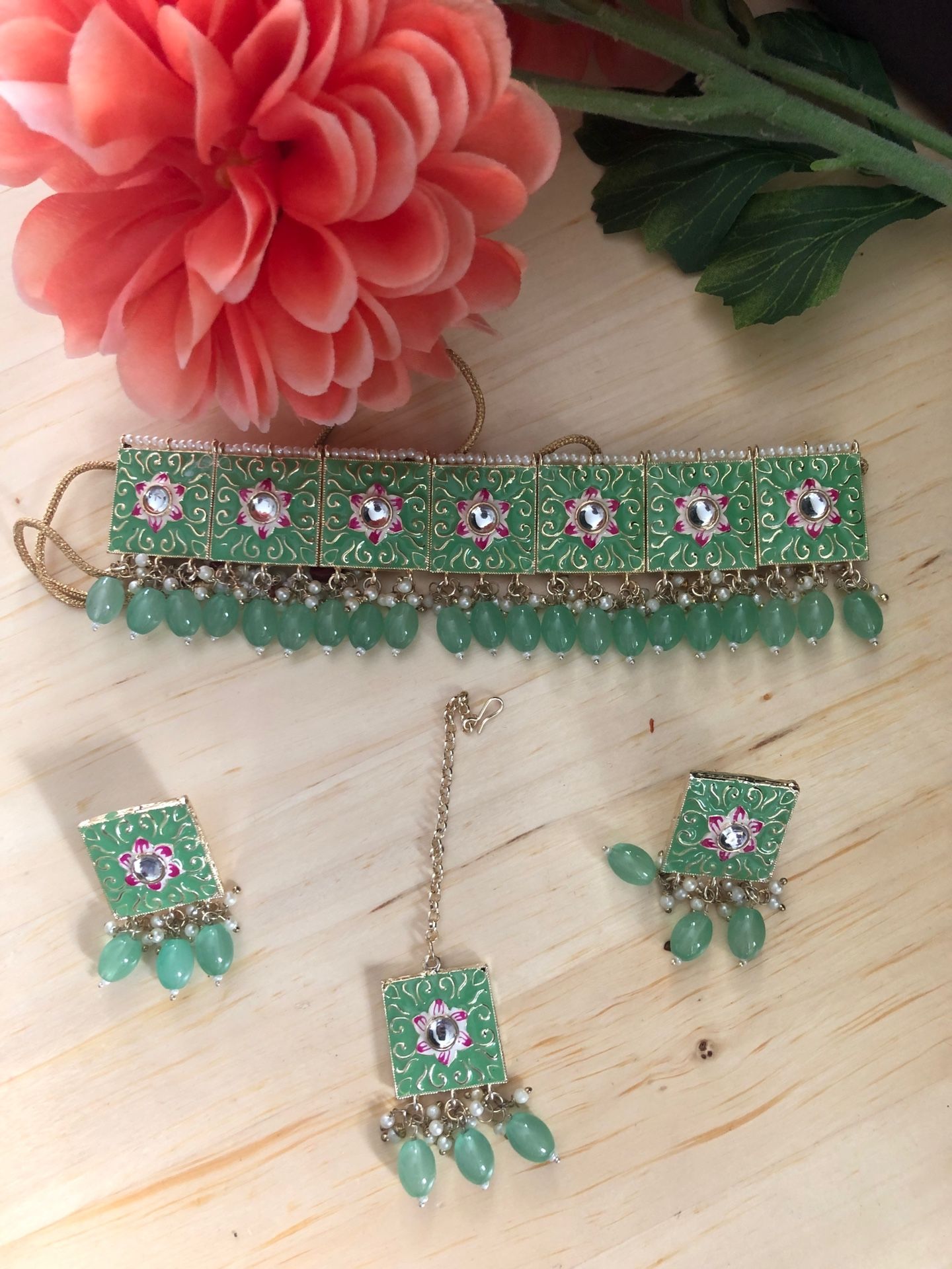 Indian Meenakari Choker Set With Pearl Hanging 