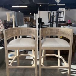 🔥Set of 2🔥Solid Wood and Fabric Upholstered Bar Stools with Rattan Backrest Footrest (Beige )  💰199$