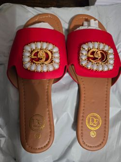 Red Slide Sandals with Pearl Gold Emblem