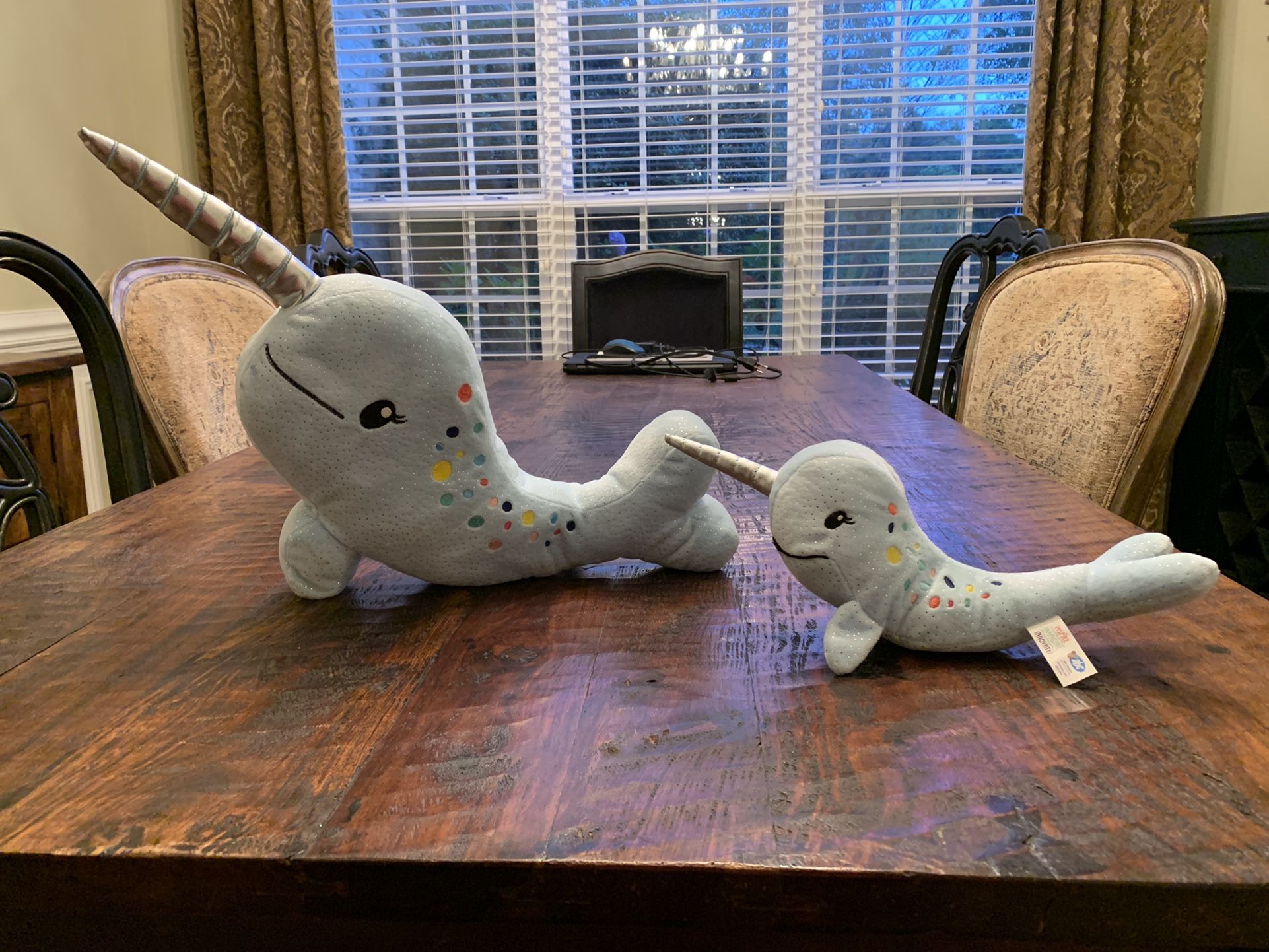 Narwhal Mama & Baby Set, Mama 21” Long, Baby 12” Long, Color Light Blue With Silver Horn and Spots On Body, Rainbow Colored Spots On Body