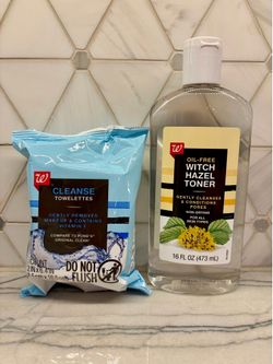 New Walgreens skincare; 16 fl oz bottle of oil-free witch hazel toner or 25 count pack of cleanse towelettes with vitamin E. Toner is clear and suitab
