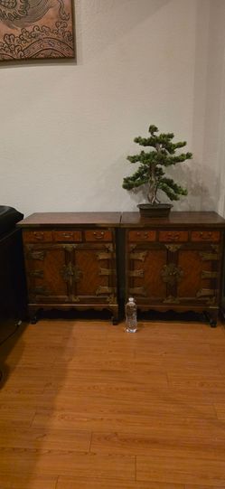 Pair of Asian Korean Style Wood Cabinets with Brass Hardware
