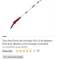 Brand New Toro Flex-Force 60-volt Max 10-in 2 Ah Battery Pole Saw (Battery and Charger Included)