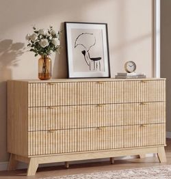 57.08” Wide 9-Drawer Fluted Wood Dresser with Deep Storage Drawers & Gold Handles