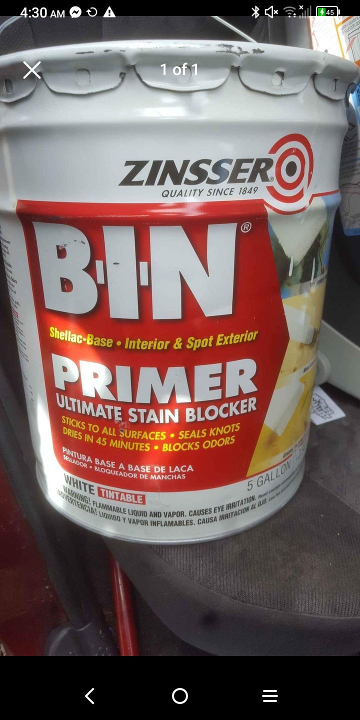 Zinsser B.i.n. Primer. Ultimate Stain Blocker. White (Tintable). 5 Gal.and 1Gals.