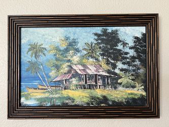 Vintage Tropical Coastal Oil Painting in Bamboo Frame – Mid Century Island Scene