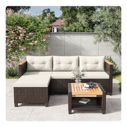 Wisteria Lane 3-Piece Patio Furniture Set, All-Weather PE Rattan Outdoor Sectional with Storage Table, L Shape Outdoor Couch with Cushions, Small Wick