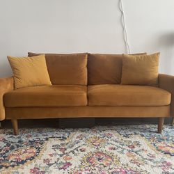 70" Mid Century Modern Sofa, Ginger Velvet Loveseat with side pockets 