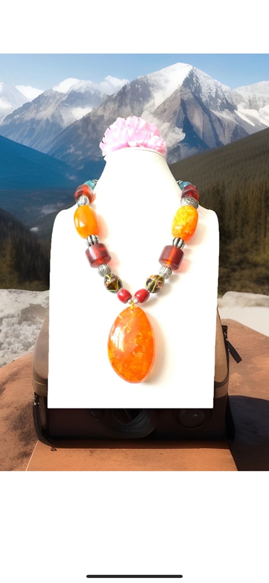 Vintage & Elegant Amber resin Pendant Necklace With Stones & Silver 24”inch & 129grams