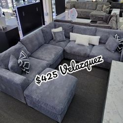 ✅️✅️ 4pc  for grey corduroy fabric upholstered sectional sofa with ottoman ✅️✅️