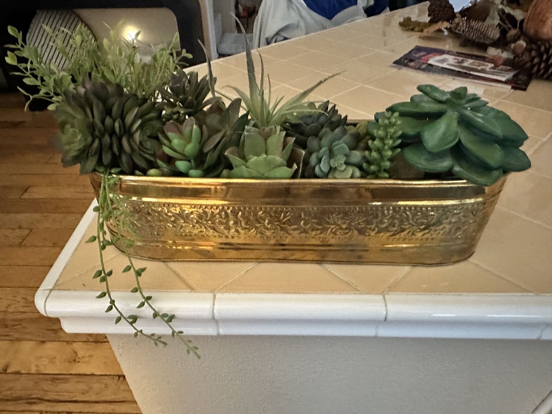 Vintage Brass Long Planter With Faux Succulents Plants