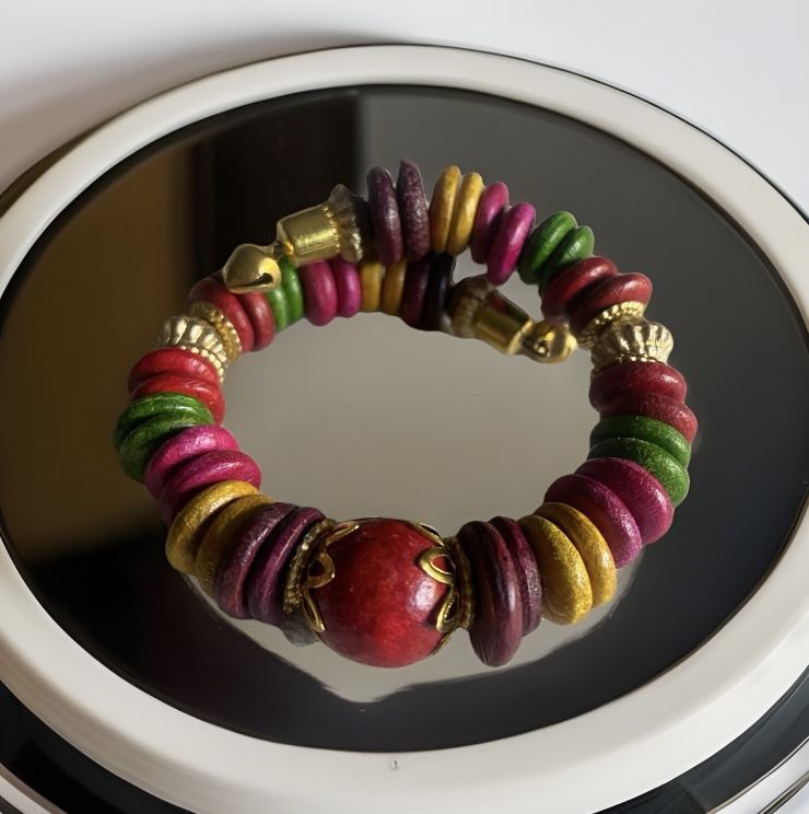Authentic Indian Hand Crafted Beaded Wire Wrap Bracelet Multicolor Wood Metal