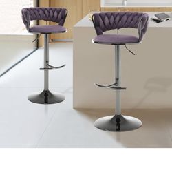 Set of 6. velvet swivel bar stools, modern height adjustable counter stools with woven backrest and metal legs, swivel bar chairs for kitchen island