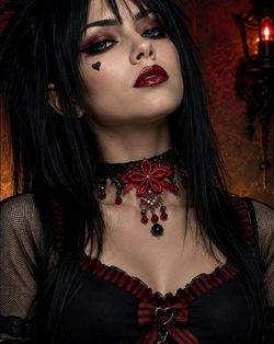 Handmade Goth Lace & Ribbon Choker with Kanzashi Flower & Crystal, Red & Black