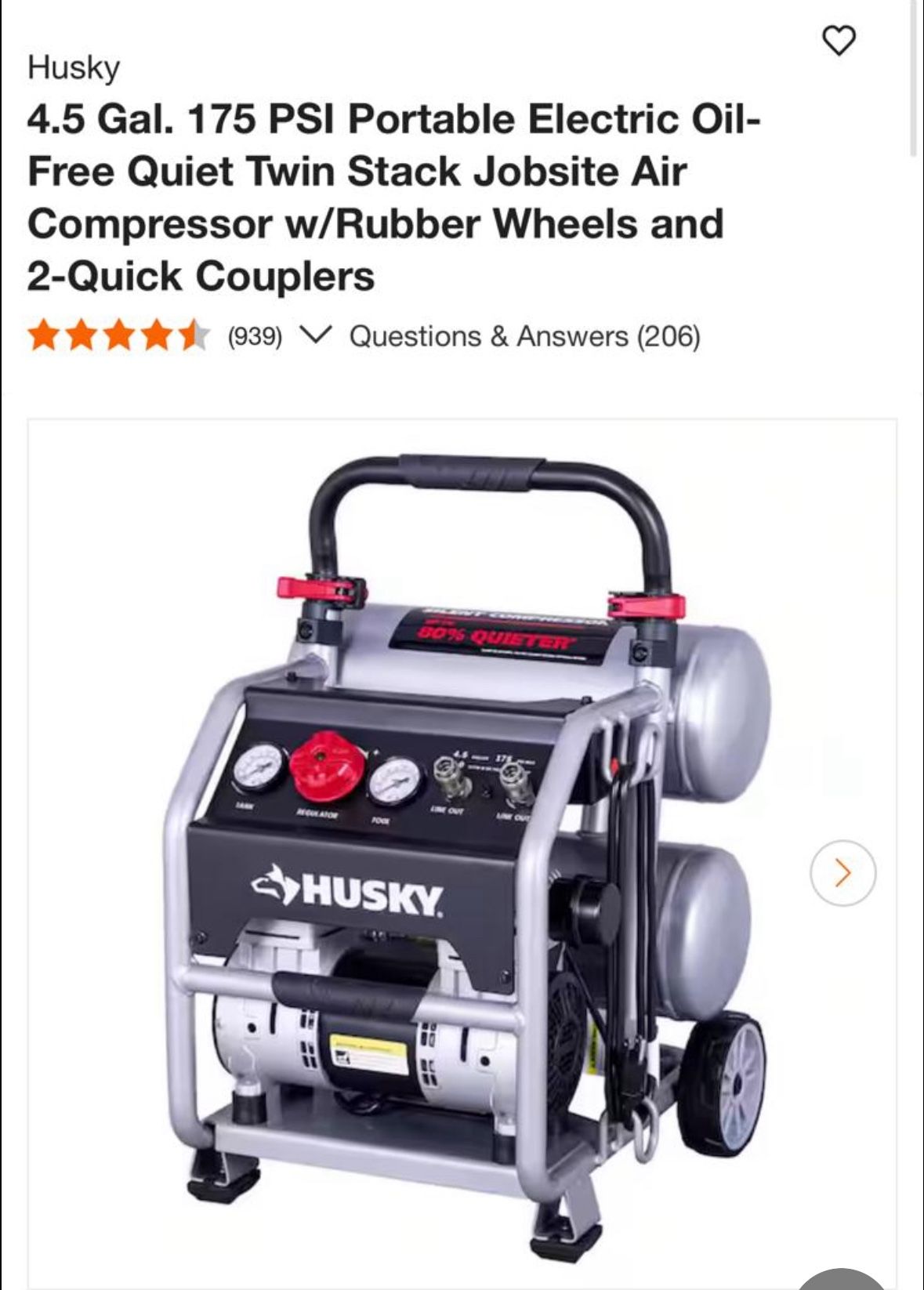 Husky 4.5 Gal. 175 PSI Portable Electric Oil-Free Quiet Twin Stack Jobsite Air Compressor w/Rubber Wheels and 2-Quick Couplers