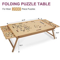 2000 Piece Portable Puzzle Table with Folding Legs, 41.3"X27.5" Wooden Jigsaw Puzzle Board with 4 Drawers & Cover, Family Multifunctional Folding Tabl