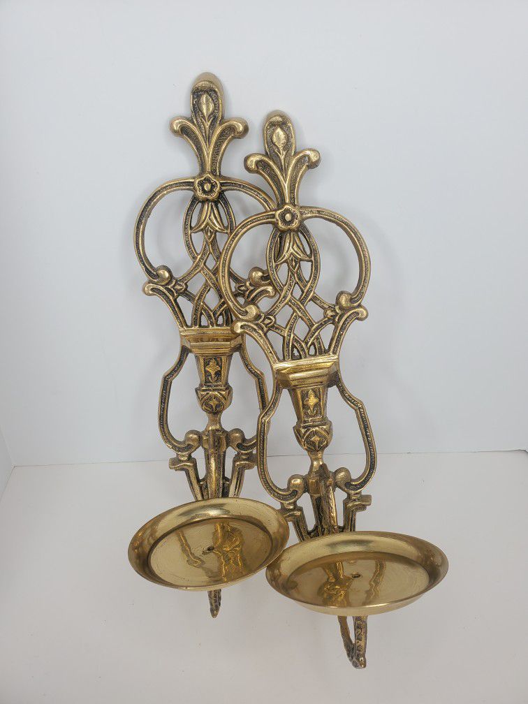 Pair of Vintage Brass Intricate Detail Wall Sconce Candle Holders 14" Gold Color