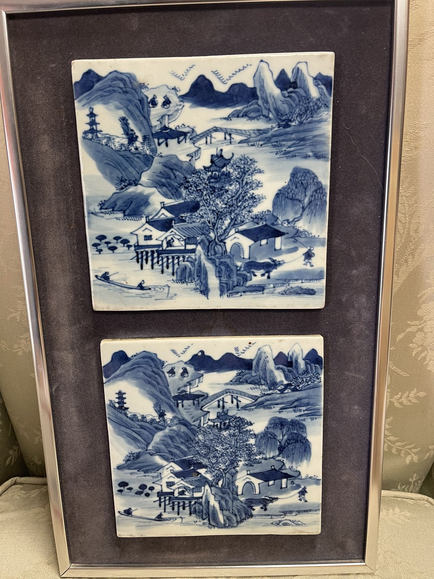 Antique 2 Chinese Blue & White Landscape Porcelain Plaques - Framed, Early Qing