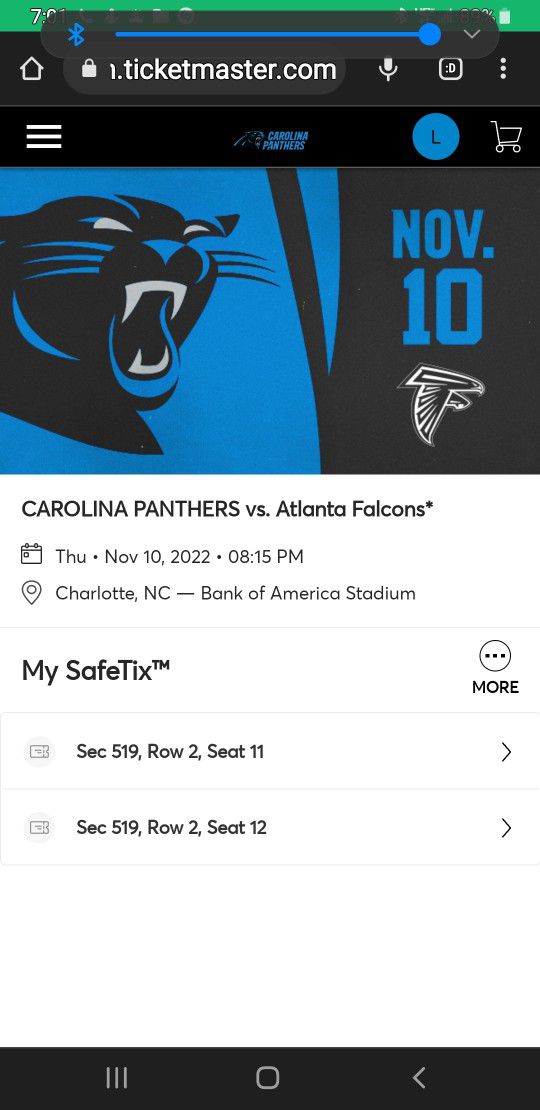 Panther/Atlanta FALCONS TWO TICKETS 