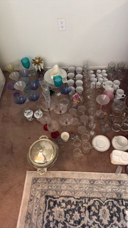 Huge Vintage Glassware & Kitchenware Lot – Colored Stemware, Mugs, Serving Pieces & More