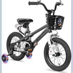 JOYSTAR Pluto 12 Inch Kids Bike with Light Up Training Wheels, PLUYO GREY