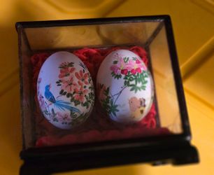 Hand Painted Decorative Eggs in Glass Case