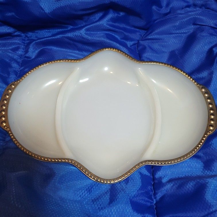 Vintage Anchor Hocking Fire King Milk Glass Serving Dish with Gold Plated Rim