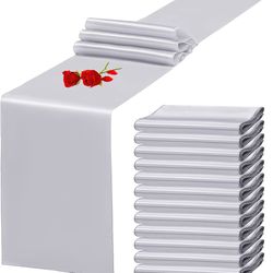 12 Pack Silver Satin Table Runner 12 x 108 Inch Long Premium Table Runners for Wedding Party Events Decoration, Birthday Parties, Banquets Decorations