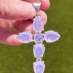 Pink Opalite Crystal 925 Sterling Silver Cross 2.5” Pendant