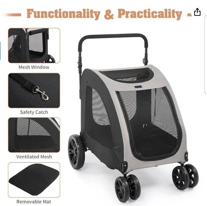 4 Wheels Travel Stroller Folding Pet Wagon, Dog Stroller Cart for Extra Large Dog Up to 100LBS
