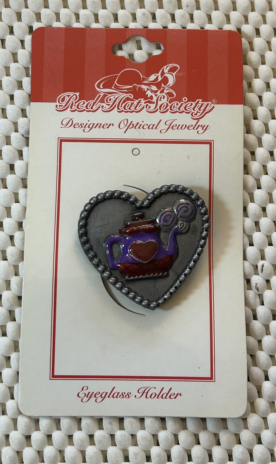 Vintage Red Hat Society Heart Shape Pin With A Teapot W/drop Down Loop NWT