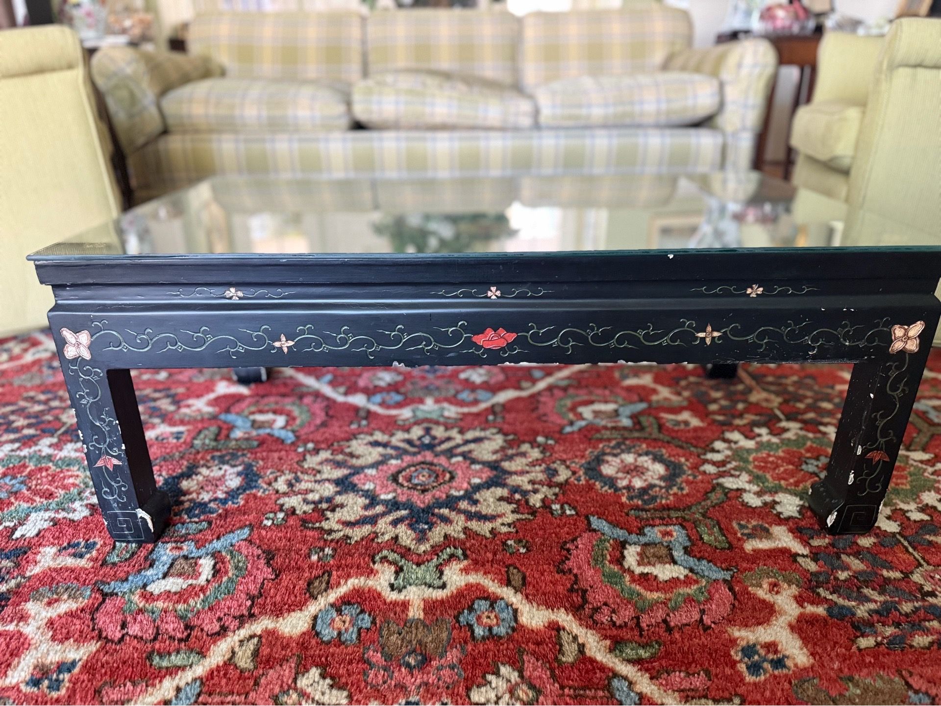 Hand-Painted Asian Lacquer Coffee Table with Glass Top | 36”W x 20”D x 14”H