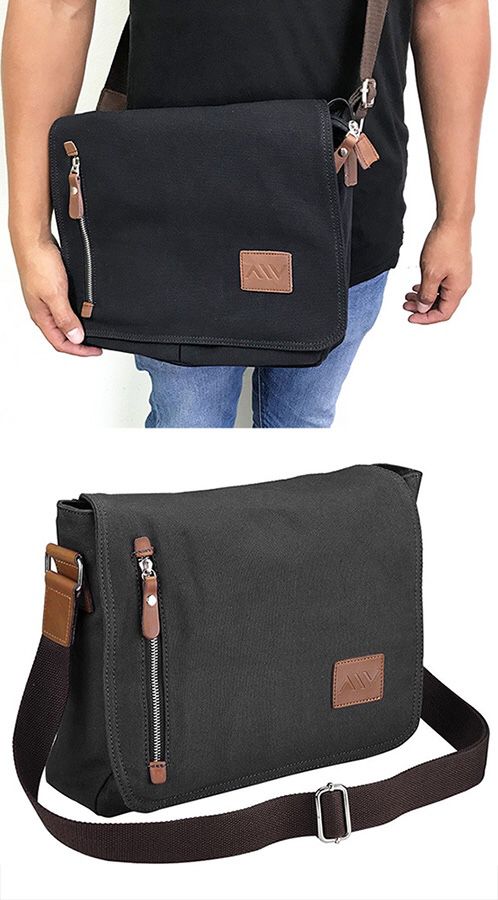 (NEW) $20 Men Women 14” Vintage Canvas Cross Body Schoolbag Satchel Shoulder Messenger Bag (Black)