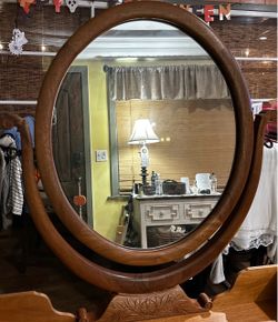 Antique Oval Wood Vanity Mirror with Carved Base