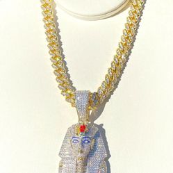 ✅14k Gold Fill Stamp Egyptian King TUT Pharaoh Medallion+Miami Cuban Gold Plated 10mm 22" Chain Pendant