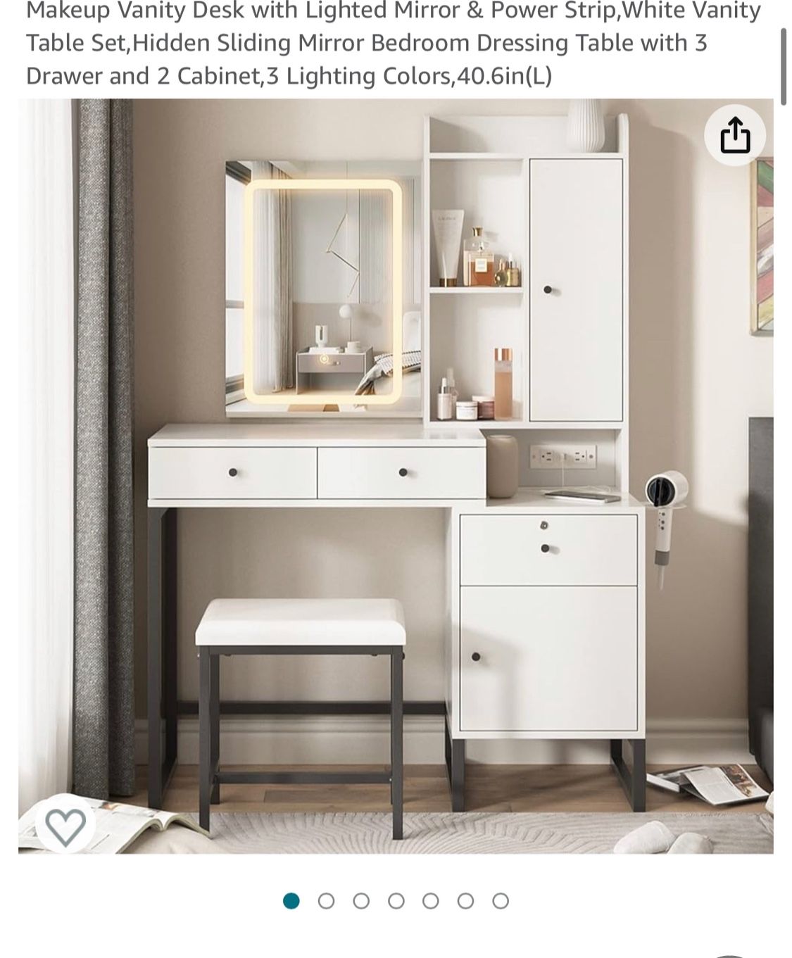 White Vanity Desk with Lighted Mirror & Stool – Excellent Condition