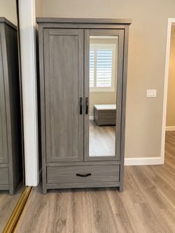 Gray Wood Armoire with Mirror and Drawer