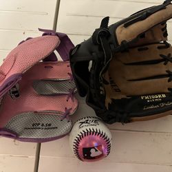 Two baseball gloves with One Ball for kids