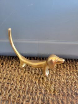 Vintage Brass Dachshund Dog Figurine Rhinestone Eyes Ring Holder