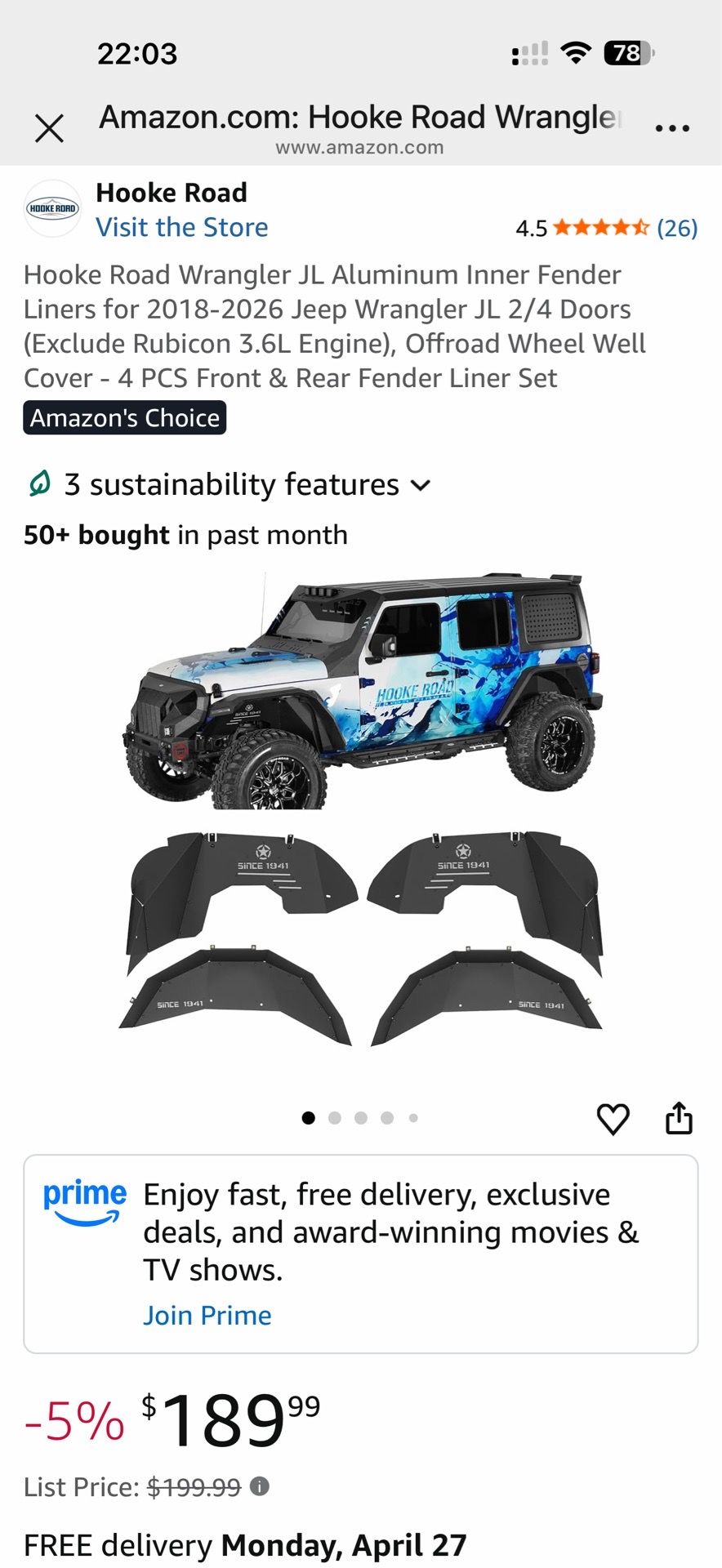 Hooke Road Wrangler JL Aluminum Inner Fender Liners for 2018-2026 Jeep Wrangler JL 2/4 Doors (Exclude Rubicon 3.6L Engine), Offroad Wheel Well Cover -