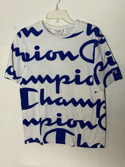 Champion Heritage All Over Script Logo T-Shirt White Blue Men’s Medium