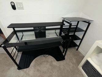 Black Glass Computer Desk with Side Shelf