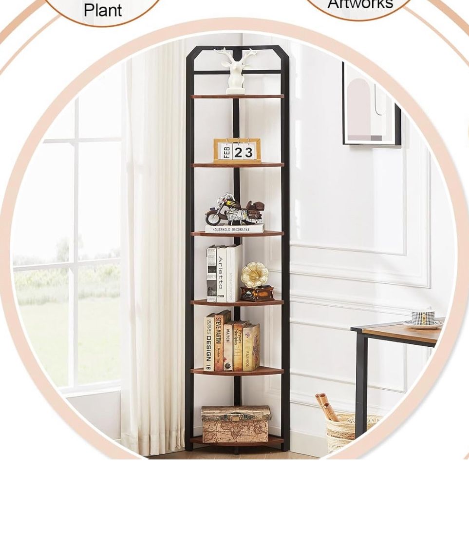 Industrial 6 Tier Corner Shelf Freestanding Corner Bookshelf Brown Shelf Stand, for Small Space, Home Office, Living Room, Bedroom