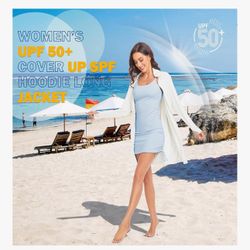 $10-Women's White UPF 50+ long-sleeve sun protection top.