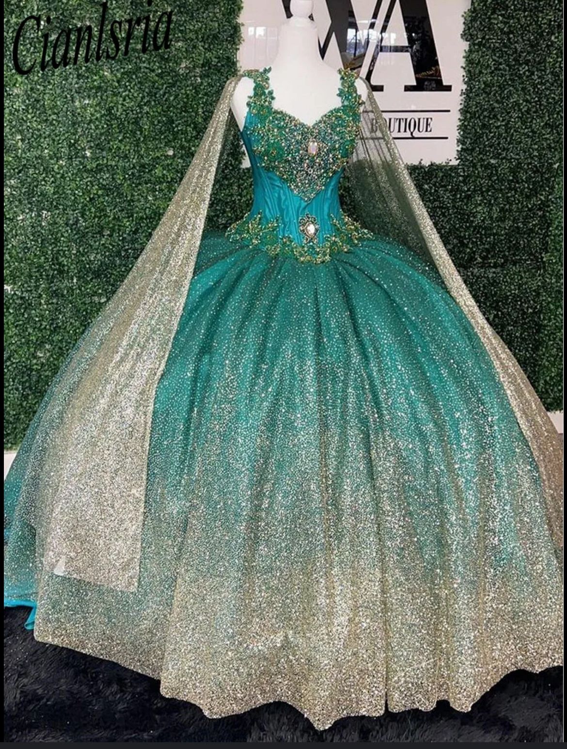 Emerald Gold Corset Quince Dress