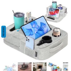 TabCouchCaddy - Couch Cup Holder Tray & Tablet Pillow (Grey)