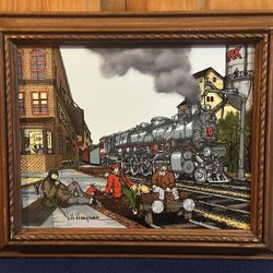 Vintage “Freight Depo” by H. Hargrove Oil Painting Serigraph Train Locomotive Hobos
