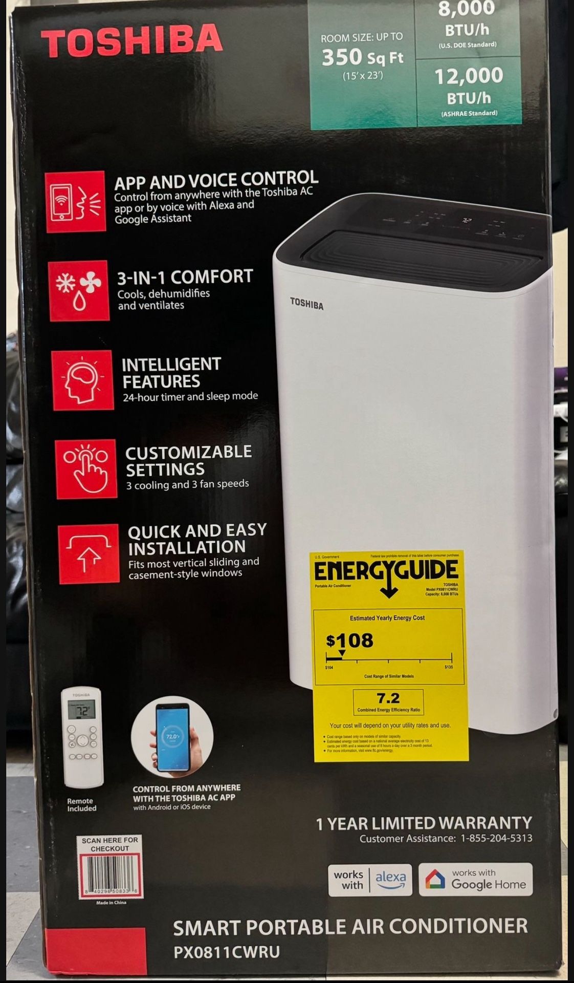 Toshiba 8,000 (DOE) BTU Portable Air Conditioner Cools 350 sq. ft. with Dehumidifier and Remote Control in White
