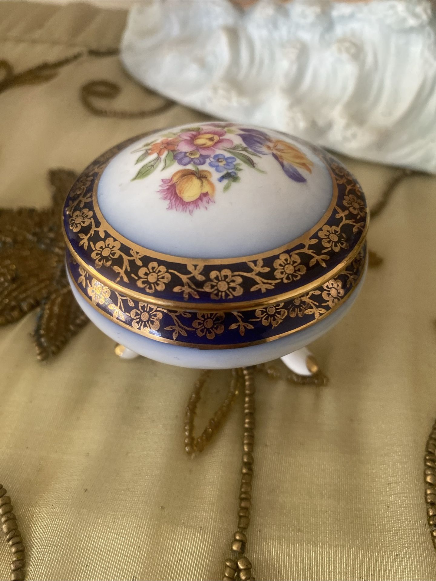 Vintage German Porcelain Footed Trinket Box Gold Trim